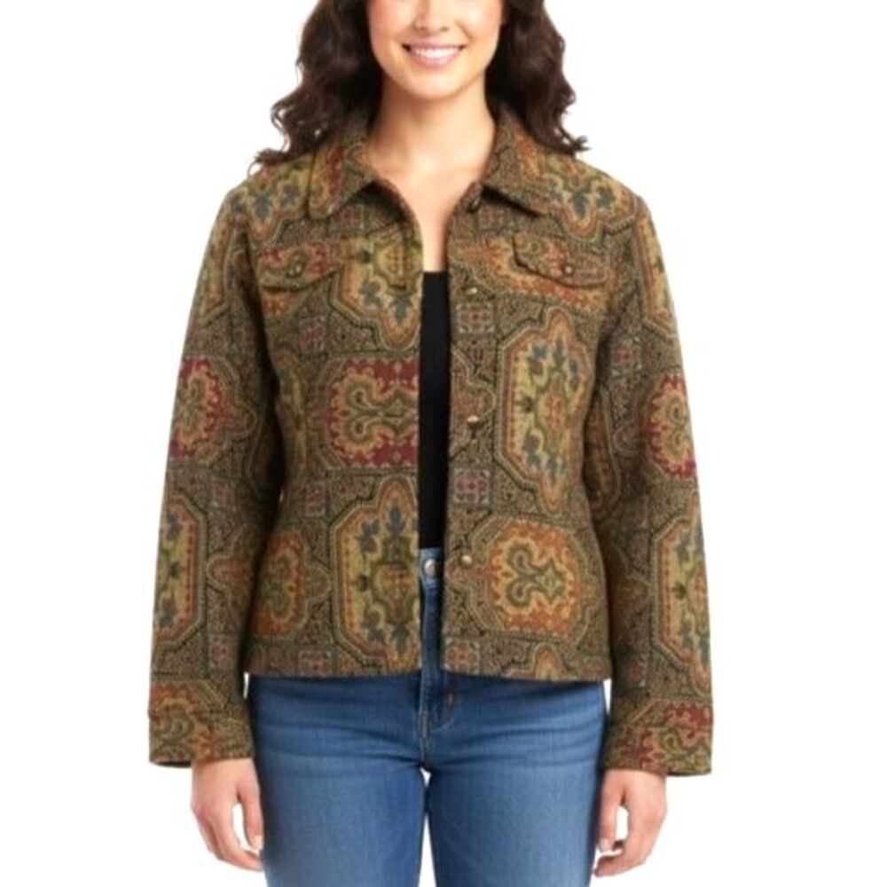 Coldwater Creek Women's Multicolor Paisley Print Tapestry Button Up Jacket Sz L